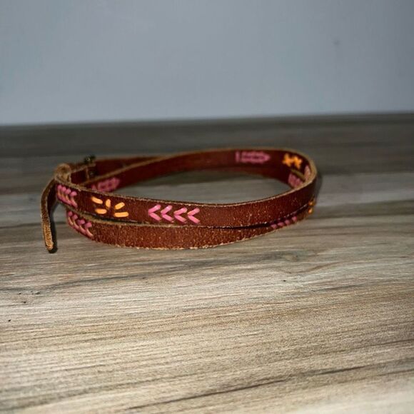 J. Crew Skinny Leather Belt Women Small Hot Pink Orange Brown Gold Tone Buckle - Picture 2 of 7